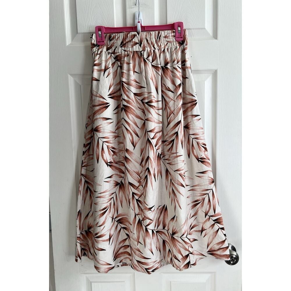 ANN TAYLOR Linen Blend Pearl Sand Tropical Leaf Print Tie Waist Midi Skirt Sz S - Picture 4 of 11